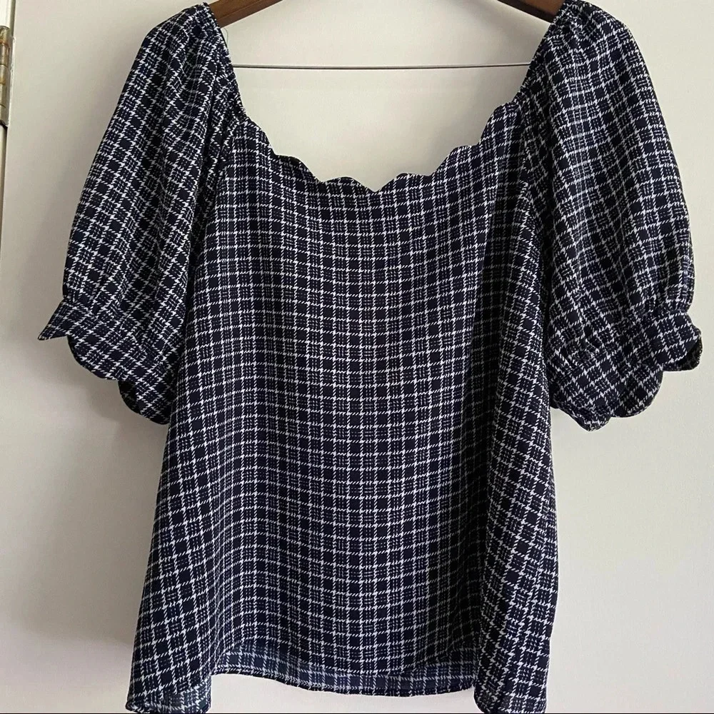 Puff Sleeve Check Plaid Scalloped Neckline Size XL Petite Checkered